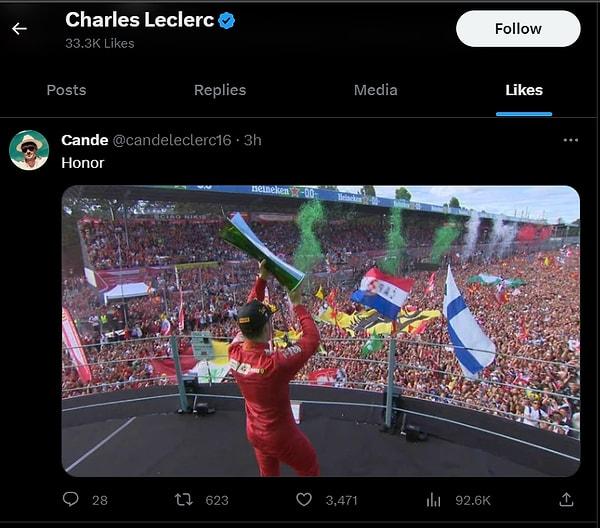 Leclerc ise takım arkadaşının annesinin tweetine "Onur" paylaşımını beğenerek karşılık verdi.