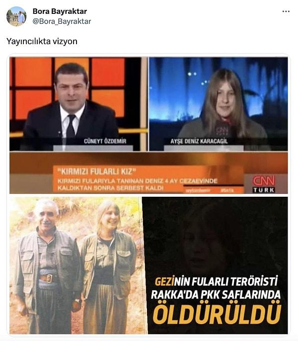 Bu paylaşıma Bayraktar, Özdemir'in CNN Türk'te çalıştığı dönemde "kırmızı fularlı kız" olarak bilinen Ayşe Deniz Karacagil'le yaptığı yayını paylaştı ve 'yayıncılıkta vizyon' notunu düştü.