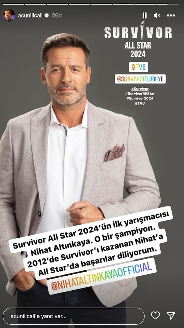 Survivor All Star 2024 yarışmasının kadrosundaki ilk isim eski şampiyon Nihat Altınkaya olmuşru.