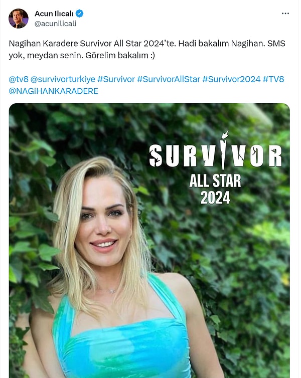 Acun Ilıcalı'nın All Star kadrosunda yer alacağını duyurduğu ikinci isim Survivor'ın vazgeçilmezlerinden Nagihan Karadere oldu.