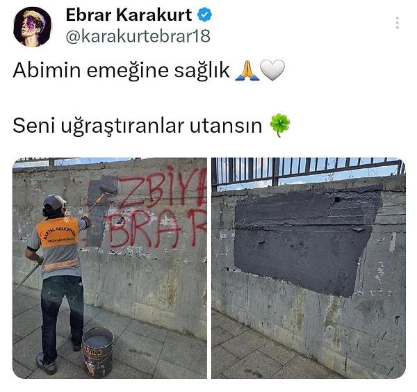 Kartal Belediyesi Ebrar Karakurt'u hedef alan duvar yazılarına müdahale ederken milli sporcumuz da belediye işçisine teşekkür etti.