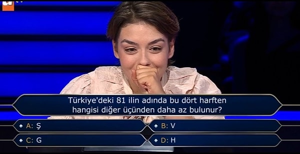 Bu akşam yayınlanan bölümde milyonluk soru açıldı ve 81 ilin adında hangi harfin daha az bulunduğu soruldu.