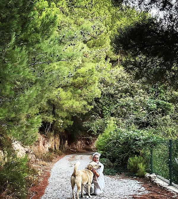 Gürbüz, Instagram hesabından köpeğiyle çektiği fotoğrafları "Gittiğim yolları dönmüyorum, arada bir yoldaşlarımı bekliyorum." notuyla paylaştı.