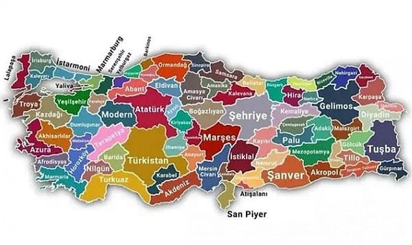 Yapay zekanın oluşturduğu yeni isimlerle Türkiye haritası aşağıdaki gibi şekillendi;