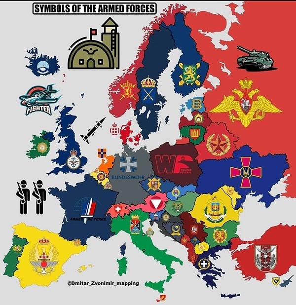 3. Avrupa'daki ülkelerin askeri güçlerinin sembolleri.