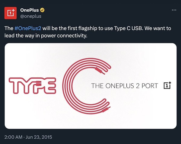 OnePlus, telefonlarında USB-C konektörünü 8 yıl önce kullanmaya başladığını ifade eden bir paylaşımı tekrar hatırlattı.