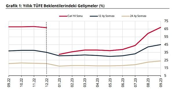 12 ay sonra yani 2024 sonunda TÜFE beklentisi bir önceki anket döneminde yüzde 42,01 iken, bu anket döneminde yüzde 44,94 oldu.