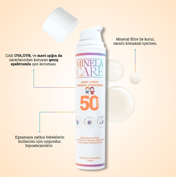 5. Minela Care Organik Mineral Filtreli Bebek ve Çocuk Güneş Kremi Spf 50 110 gr