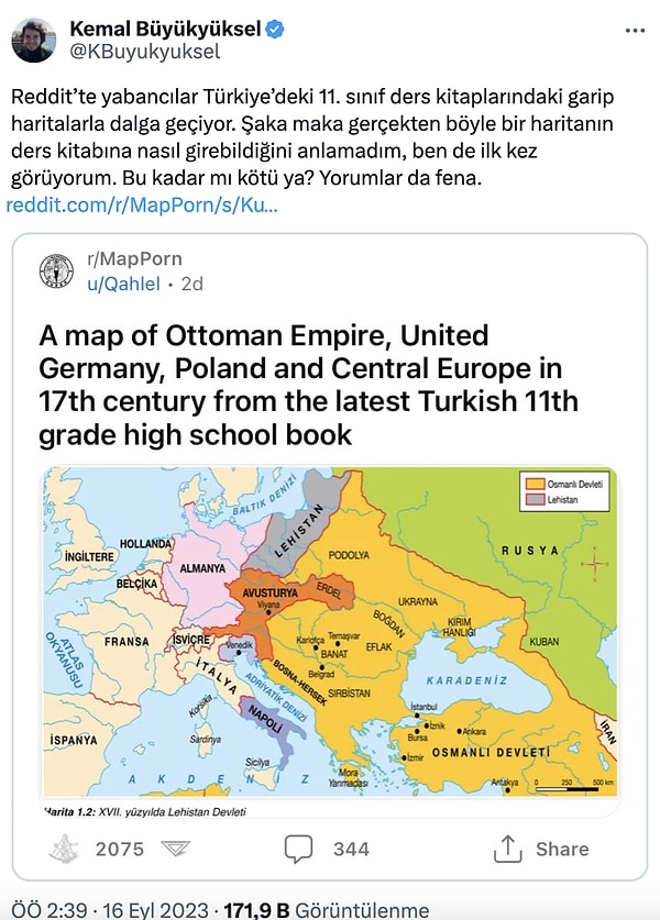 ''@KBuyukyuksel'' adlı bir sosyal medya kullanıcısı Twitter'da olay olan bu haritayı ''Reddit’te yabancılar Türkiye’deki 11. sınıf ders kitaplarındaki garip haritalarla dalga geçiyor.'' notuyla paylaştı.