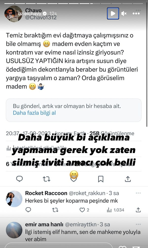 Ev sahibi bu cevaptan sonra sosyal medya hesaplarını kapattı. Uzi bu hamleden sonra Instagram'dan zaferini ilan etti.