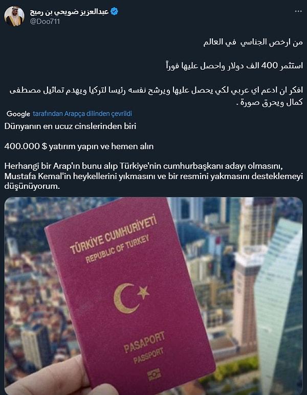 Kuveytli yazar Abdulaziz Duwaihi bin Rumaih, Türkiye Cumhuriyeti pasaportu ve kurucusu Mustafa Kemal Atatürk'ü hedef alan hakaret dolu paylaşımlar yaptı.