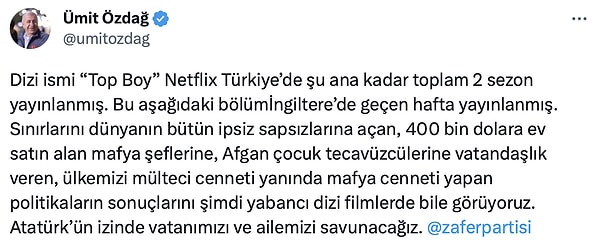 Özdağ, paylaşımında diziye böyle tepki gösterdi: