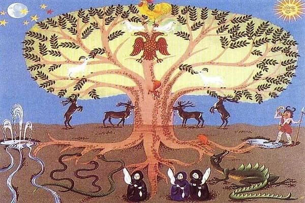 7. Türk mitolojisinde yaşam ağacı genellikle hangi ağaç biçiminde betimlenir?