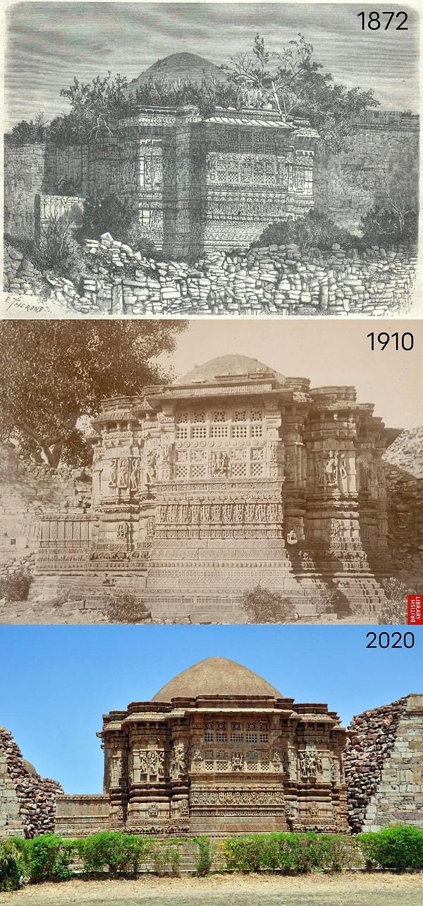 14. Shringar Chauri tapınağı, Chittorgarh Kalesi, Rajasthan, Hindistan. (1872'den çizimi, 1910 ve 2020)