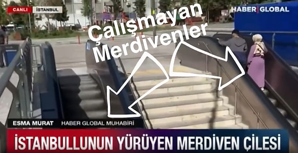 Haber Global'den Esma Murat isimli muhabir de Bağcılar metro istasyonuna giderek canlı yayında 'Çalışmayan yürüyen merdivenleri' haber yaptı.