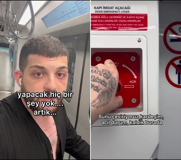 Metroda uyuyakaldığını belirten adam, metrodan çıkmaya çalıştığı anlara ait bir video çekti. 'Acil durumda çeviriniz' yazan kolu çeviren adam bir türlü metrodan çıkamadı.