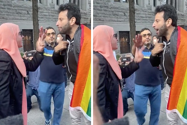 LGBT bayrağı ile eylem yapan bir kişiye, bir kadın "LGBT hastalıktır" diyerek tepki gösterdi.