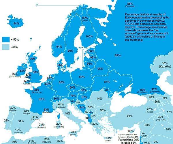 14. Mavi göze sahip insan dağılımına göre Avrupa ülkeleri.