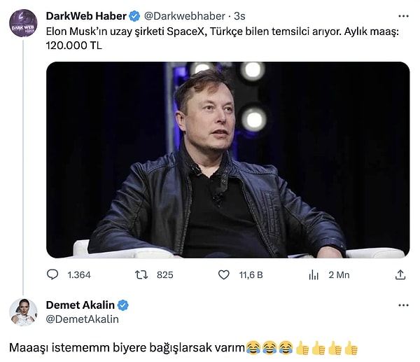 Elon Musk'ın kurucusu olduğu SpaceX'in aylık 120.000 TL maaşla Türkçe bilen temsilci aradığını duyan Demet Akalın, söz konusu bu işe talip oldu...