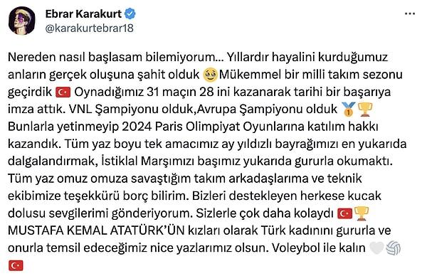 "MUSTAFA KEMAL ATATÜRK’ÜN kızları olarak Türk kadınını gururla ve onurla temsil edeceğimiz nice yazlarımız olsun." diyen Ebrar Karakurt, hepimizi duygulandırdı...