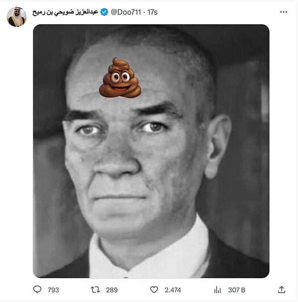 Tepkilerin ardından işi daha da ileriye götüren Arap yazar, işi Gazi Mustafa Kemal'in resimlerinin üzerine çirkin emojiler koyarak paylaşmaya kadar götürmüştü.