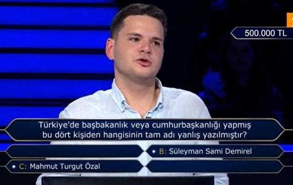 500 bin TL'lik soruya doğru yanıt veren Dağlı, böylece yenilenen para ağacının ardından 1 milyon TL'lik soruyu görmeye hak kazanan ilk yarışmacı oldu.