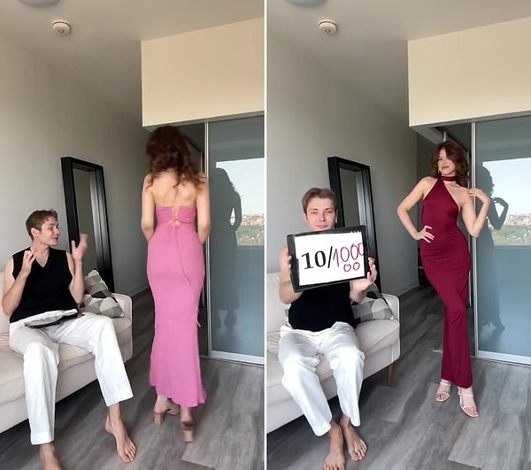 Birbiriden şık elbiseler giyen Polina Horozhankina'nın gerçekleştirdiği defile ve o defilede boy gösteren sevgilisini puanlayan adamın görüntüleri de sosyal medyada viral oldu.