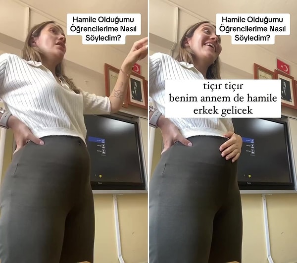 Sosyal medyada paylaşılan bir videoda, İngilizce öğretmeni olduğu belirtilen kadın, öğrencilerine hamile olduğunu açıklıyor.