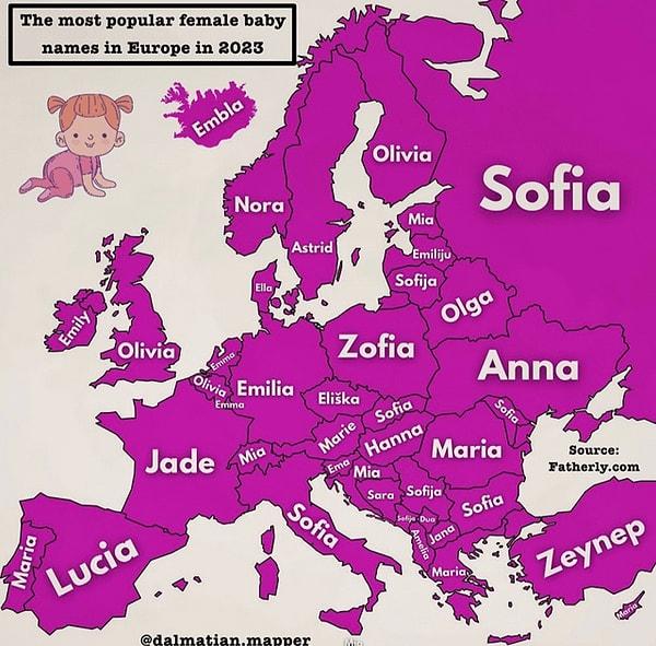14. Avrupa'nın en popüler kız bebek isimleri. (2023)