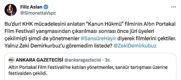 Twitter'da Zeki Demirkubuz'u eleştiren ve bildiride imzasının olmamasını söyleyen kişiye gelen cevap çok konuşuldu.
