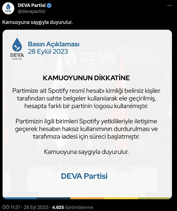 DEVA Partisi resmi hesaplarından ''Kamuoyuna saygıyla duyurulur'' notuyla konuya ilişkin açıklama yapıldı.