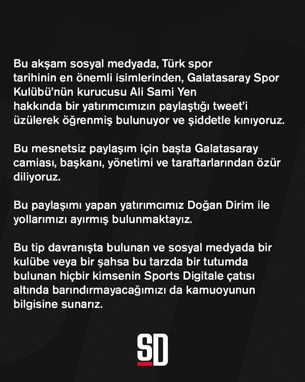 Sport Digitale kanalı bu ayrılıkların ardından bir duyuru yayınlayarak, Doğan Dirim ile yolların ayrıldığını ifade etti.