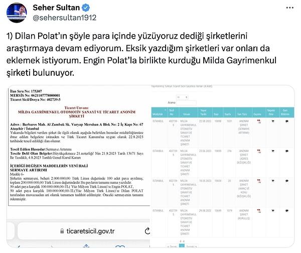 Dilan Polat'ın diğer şirketlerini de inceleyen Sultan, yine belgelerle yepyeni detaylar paylaştı. 👇