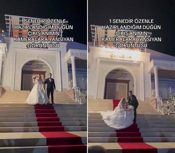 Çırağan'da gerçekleşen düğünden çıkışına 1 senedir özenle hazırlandığını belirten gelin, merdivenlerden inerken yere kapaklandı.