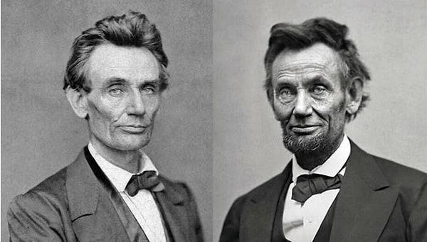 Abraham Lincoln in May 1860, just 10 months prior to his inauguration, compared to his appearance on February 5, 1865, a few months before the conclusion of the Civil War: