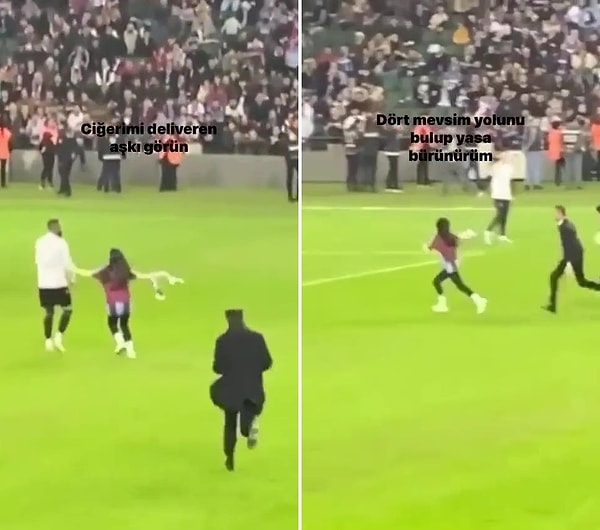 Sahaya atlayarak bir futbolcuya sarılan kadın ardından görevlilerden kaçmaya devam ediyor.