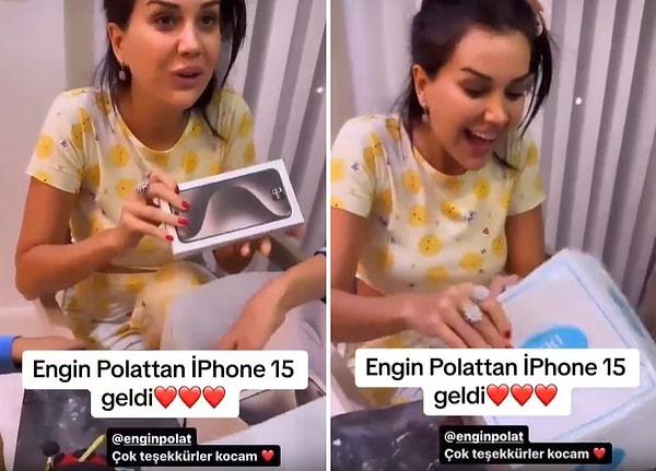 Eşi Engin Polat'ın aldığı iPhone 15'leri açan Dilan Polat, telefonun kutusunu açtığı anlardaki görüntüsü ile gündem oldu.