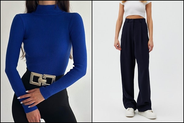 Renk çok iddialı! Saks crop triko ve palazzo kombini