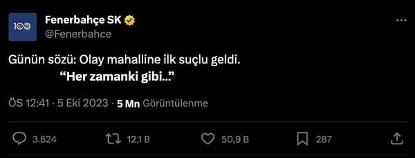 Özbek'in yaptığı açıklamaların ardından Fenerbahçe kulübünün resmi sosyal medya hesabından Galatasaray'a gündem yaratan göndermeli bir paylaşım yapıldı.