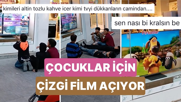 Bir Elektronik Dükkanındaki Televizyonu İzleyen Çocuklar İçin Çizgi Film Açan Dükkan Sahibi İçinizi Isıtacak