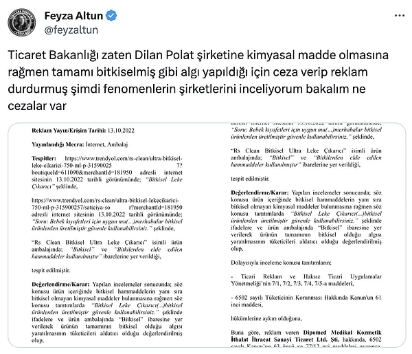 Dilan Polat'ın içinde kimyasal olan ürününü 'bitkisel' diye tanıttığını ve bu yüzden ceza aldığını açıkladı. Tabii bu cezalar sadece Dilan Polat için geçerli değildi...