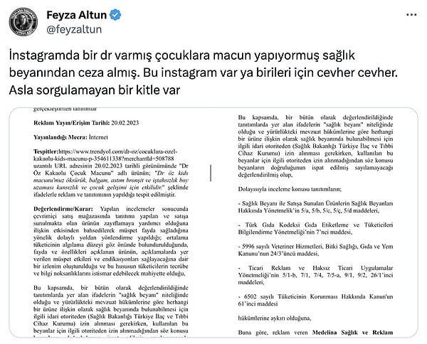 Yine Dilan Polat'ı taklit ettiği söylenen Özlem Öz'ün doktor eşi Tayyar Öz'ün de kendi adını taşıyan markasına ait çocuk macununun reklamından dolayı ceza aldığını paylaştı...