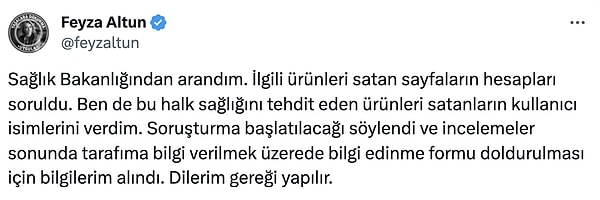 Feyza Altun ardından Sağlık Bakanlığı tarafından arandığını ve söz konusu kişilerin haklarında soruşturma başlatılacağının söylendiğini aktardı.