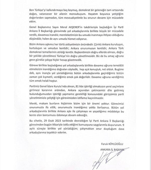 Faruk Köylüoğlu, yazdığı bir mektup ile Ankara İl Başkanlığı görevinden istifa ettiğini duyurdu: İşte Köylüoğlu’nun istifa mektubu: