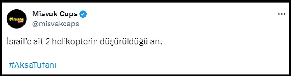 Arma 3 oyunundan görüntüleri gerçek zannederek paylaşan Misvak o görüntüler için, "İsrail’e ait 2 helikopterin düşürüldüğü an" dedi.