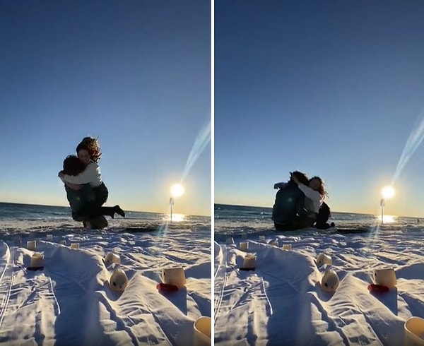 Evlilik teklifi sonrası mutluluktan havalara uçan kadının o andaki tepkileri ise sosyal medyada viral oldu.