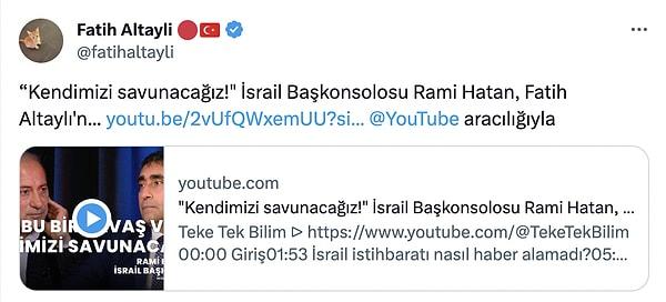 Şimdi ise Altaylı, bir kullanıcının yorumuna verdiği küfürlü yanıtla olay oldu. Altaylı, YouTube kanalına İsrail Başkonsolosu Rami Hatan'ın konuk olduğunu paylaştı.