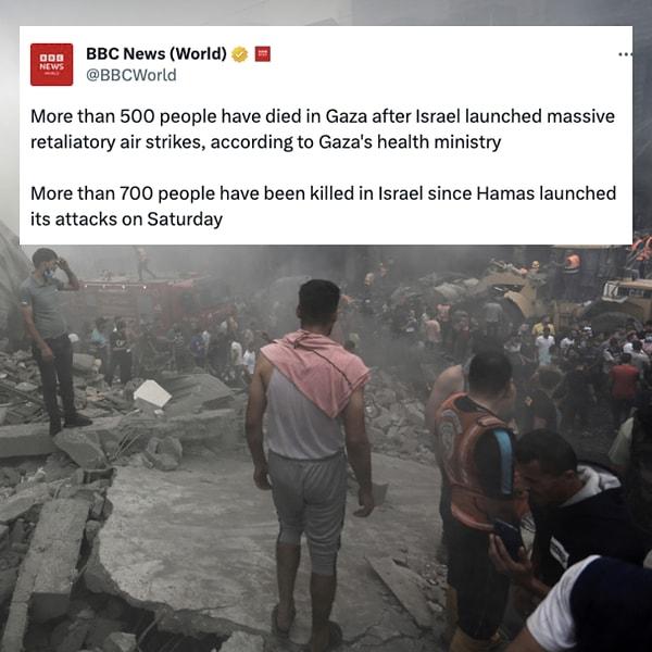 Dünya basını Gazze-İsrail savaşını anbean paylaşmaya devam ediyor. Bu hesaplardan bir tanesi de BBC News (World) hesabı.