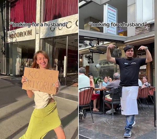 Ukraynalı olduğu belirtilen kadının elindeki 'Koca arıyorum' yazılı pankart ile sokaklarda dolaştığı anlar ise sosyal medyada gündem oldu.