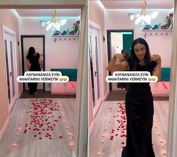 Sosyal medyada paylaşılan ve viral olan görüntülerde, bir kadının gül yaprakları döktüğü evin girişinde kocasına özel dans ettiği anlar görülüyor.